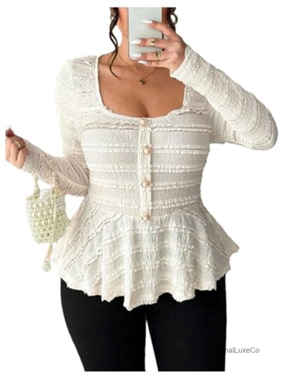 Plus Size Long Sleeve Peplum Top with Pearl Ruffle Hem